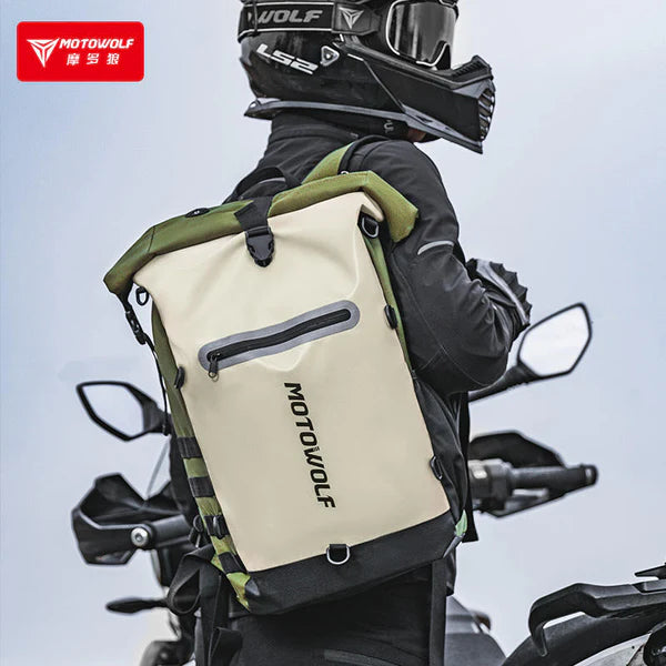 MOTOWOLF MB3 ADV EDITION | 30 litres | Portable nets | Expandable | Waterproof Riding Backpack with Net Bag Hydration Drinking Straw Water Storage Bag - Light green