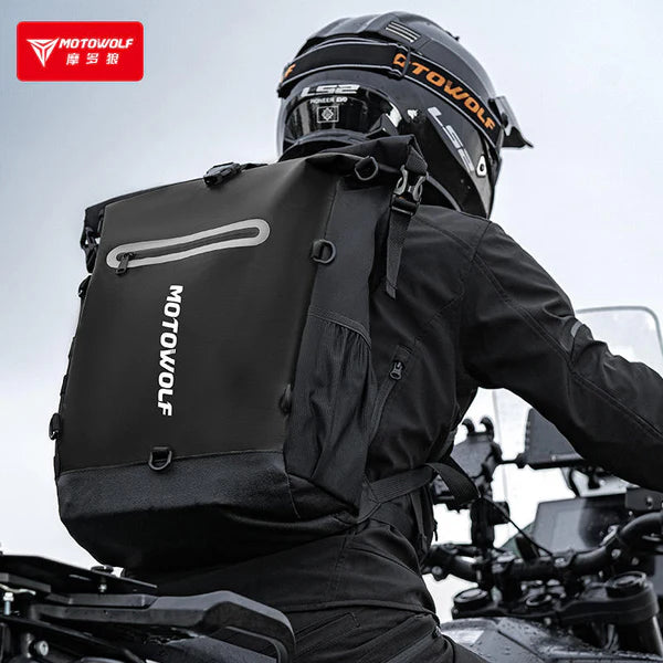 MOTOWOLF MB3 ADV EDITION | 30 litres | Portable nets | Expandable | Waterproof Riding Backpack with Net Bag Hydration Drinking Straw Water Storage Bag - BLACK