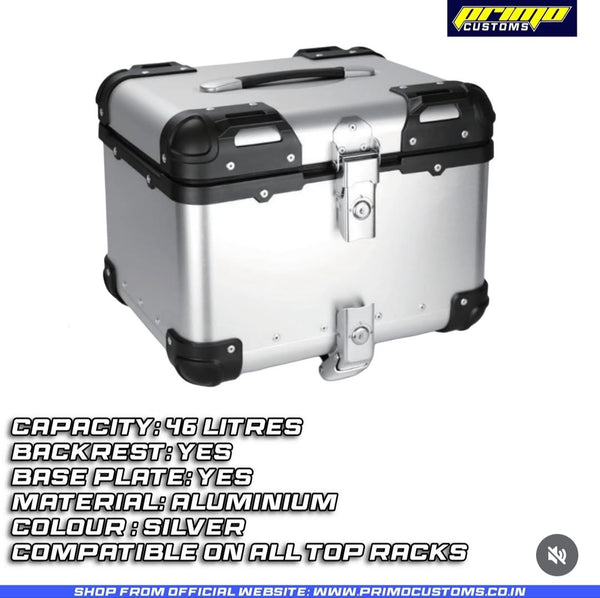 46 LITRES CURVED ALUMINIUM TOP BOX SILVER WITH BACKREST